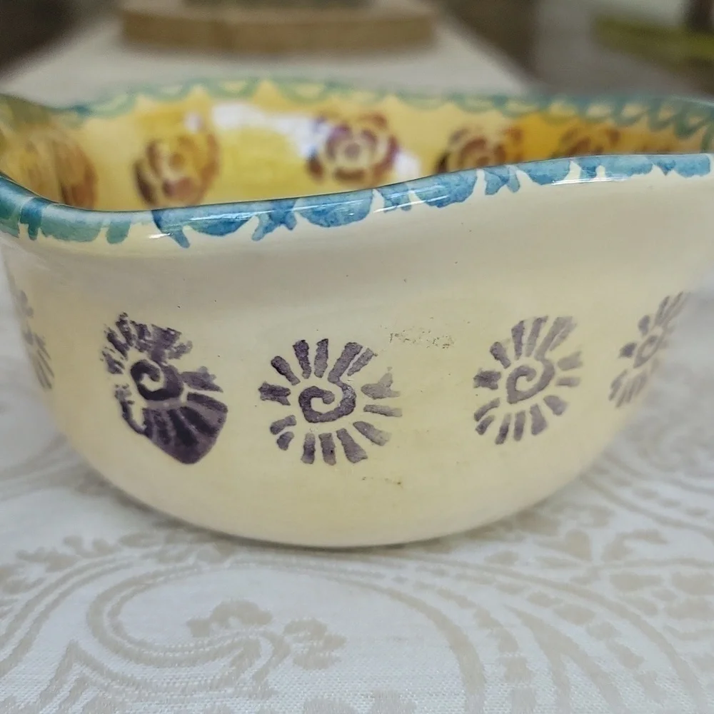 Vintage Hand Painted Pottery Bowls (2) Yellow Floral Print Ruffled Edges 🇮🇹